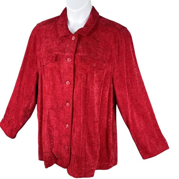 Liz & Me Womens 1X Red Jacquard Button-Front Jacket Abstract Design Art To Wear - Picture 6 of 16
